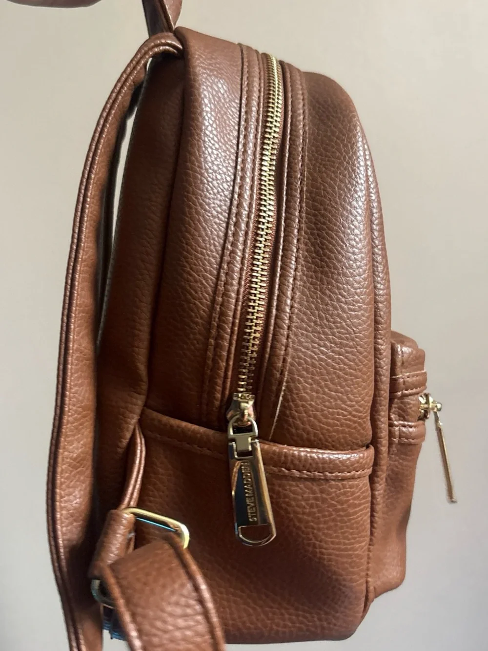 Steve Madden Cognac Pebbled Mini Backpack with Gold Hardware